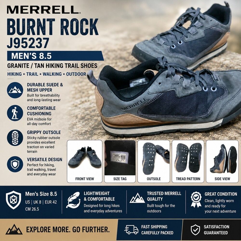 Merrell Burnt Rock J95237 Mens 8.5 Granite Tan Hiking Trail Walking Shoes Suede